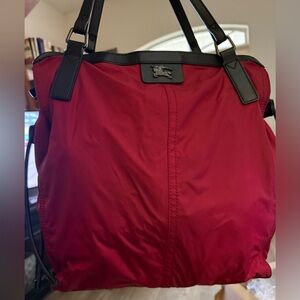 Burberry Buckleigh Packable Nylon Tote Red w/ Leather Trim House Check + COA
